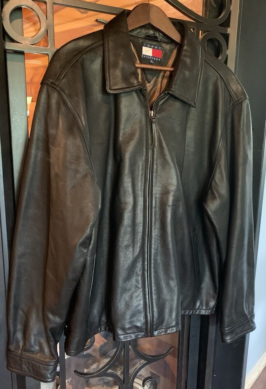 VTG 90s Tommy Hilfiger Black Leather Bomber Jacket Mens XL Heavy Cowhide